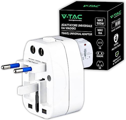 V-TAC Adattatore Universale da Viaggio con Spina USA, EUROPA, UK, AUS - Presa di Corrente Internazionale da Viaggio con Protezione Sovraccarico per Dispositivi Elettrici - Lock Switch