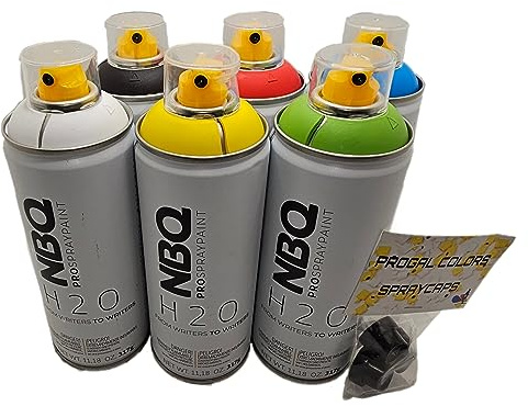 PROGAL COLORS NBQ Pro - Lote de 6 frascos de pintura en spray Original BASIC H2O 6 x 400 ml + 3 x difusor - Pintura en aerosol a base de agua - Bajo olor - GRAFFITI MURALISME