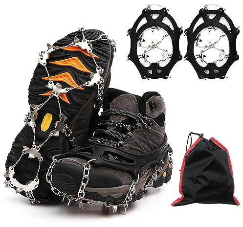 CalmGeek Steigeisen Grödel Eisspikes, Schuhkrallen Spikes für Winter, Steigeisen mit Silikon Band und 26 Edelstahl Zähne, zum Klettern auf EIS und Schnee Wandern Running Trekking Winter Outdoor (M)