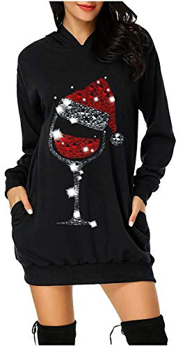 Weihnachtspullover Kleider Damen Rot Weinglas Lang Kapuzenpullover Weihnachten Pullover Sweatshirt Weihnachts Hoodie Lang Baumwolle Sweatkleid Weihnachtskleid Weihnachtspulli Christmas Sweater Frauen