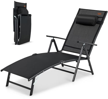 GIANTEX Sonnenliege Klappbar, Gartenliege mit Kopfkissen & 8-Fach Verstellbarer Rückenlehne, Liegestuhl für Garten, Terrasse & Pool, maximale Belastung 150 kg (Schwarz)