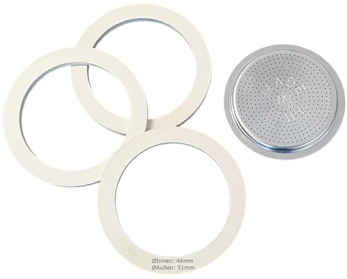 Harren24 Filter und 3x Dichtung für Espressokocher, kompatibel mit Bialetti Espressokanne für 1 Tasse, Ø außen 51 mm, 5,1 cm, Ø innen 46 mm, 4,6 cm, Ersatzdichtung, Dichtungsring