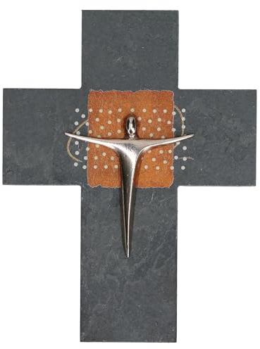 BUTZON & BERCKER Schieferkreuz mit Korpus aus Neusilber. Modernes Kruzifix nach einem Modell der Künstlerin Kerstin Stark im Geschenkset. Zur Hochzeit oder Firmung. Format 17 x 13,5 cm