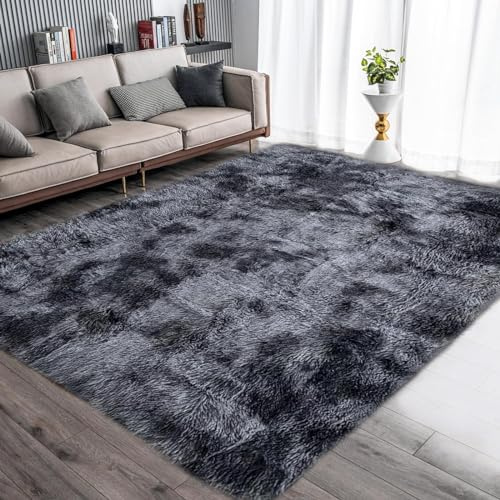 Tinyboy-hbq Teppich Flausching Wohnzimmer Teppiche Shaggy Teppiche Schlafzimmer Waschbarer Weiche Teppich Bequeme ​für Wohnkultur (Grau Schwarz, 160 x 230 cm)