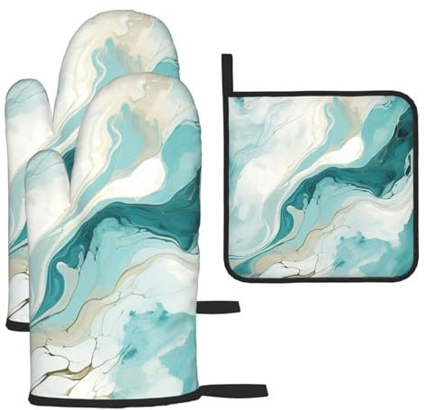 Teal Turquoise Beige Grey Art Marble Printed Oven Mitts And Pot Holders Sets Oven Mitts Heat Resistant Oven Gloves For Cooking Baking Kitchen BBQ