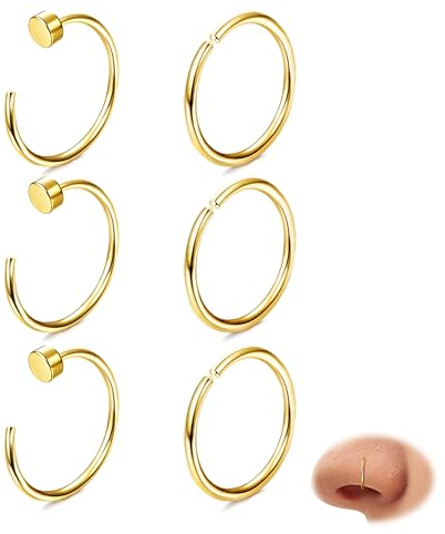 Diamday 6stk Nasenpiercing Ring 316L Chirurgenstahl Fake Nasenring Septum Ring Helix Piercings Gold Fake Nase Piercing Nasenring Tragus Daith Piercing Ohr Hoop Lippenring Knorpelohrring 18/20/22G