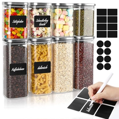 Auauraintt Lot de 8 bocaux de conservation en verre avec couvercles hermétiques en acier inoxydable 4 x 1000 ml, 4 x 600 ml avec étiquettes DIY, cuillère graduée, pour céréales, sucre, farine, boîtes