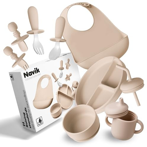 Navik | Coffret repas bebe 10 pièces | Assiette ventouse pour bébé | Tasse apprentissage bebe | Bol et bavoir | Couverts bébés | Beige