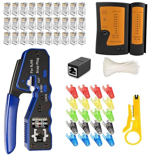 MAYLINE Pince à Sertir de RJ45 Kit d'Installations Professionel, Testeur Reseau LAN Wire Strippe RJ11 RJ12 Cat6 Cat5e, Trousse à Outils de Réparation pour Cablage Ordinateur (bleu)