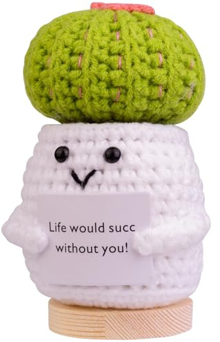 CoFuBcad Handmade Emotional Support Cactus Gift, Cute Knitted Cactu Doll with Front Card and Wooden Base.Birthday Gift Car Decoration Room Office Decoration(A23)