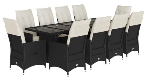 vidaXL Garten Bistroset 11-TLG., Balkonset mit Kissen, Gartenmöbel Tisch 10 Verstellbare Stühle, Balkonmöbel Sitzgruppe Gartengarnitur, Schwarz Poly Rattan