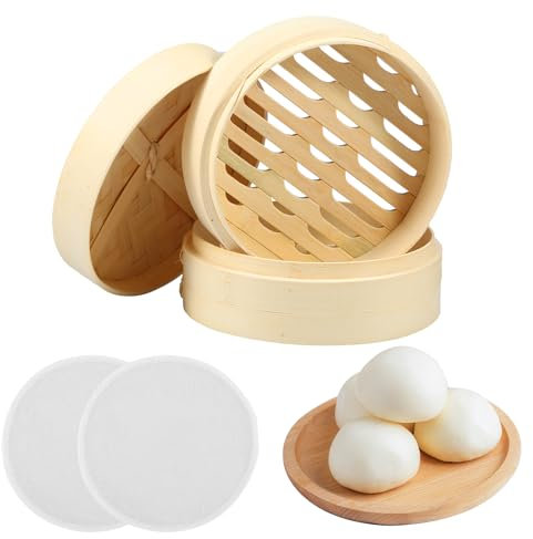 Panier de vapeur en bambou Panier de vapeur à 2 couches avec couvercle et tissu vapeur réutilisable Douleur à vapeur 2 tailles Bambou Bamboo Panier de vapeur pratique Bamboo Papier xiangbaoshang