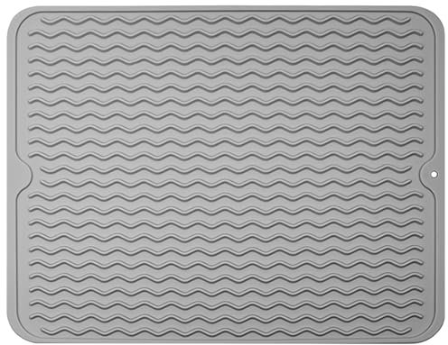 OSDUE Abtropfmatte Geschirr, 50 x 40 cm Abtropfmatte aus Silikon Spülbeckenmatte Hitzebeständige Rutschfeste Abtropfmatte mit Rillenstruktur für Küchenarbeitsplatten und Küchenspüle,Grau