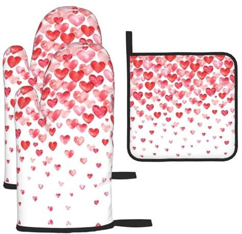 Set di 3 guanti da forno e presine con cuori rossi che cadono di Natale, guanti da forno da cucina, guanti resistenti al calore