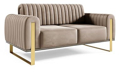 FURNISTAR Premium Pier Sofa 2-Sitzer, Glamour Design, Polstersofa mit drehbarer Rücklehne, Couch, Sofagarnitur, Wohnzimmer, Schwarze Metallfüße, Velour-Stoff - Cappuccino