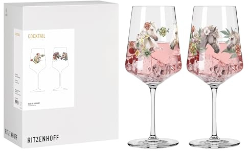 RITZENHOFF 8084001 Cocktail-Glas 2er Set 500 ml, Serie Reitgold - 2 Stück, Motiv Pferde floral geschmückt, Made in Germany