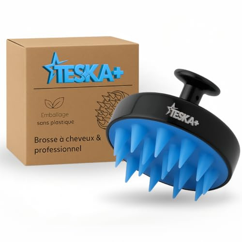 TESKA+ Brosse à Massage Cuir Chevelu Anti-Pelliculaire – Stimule la Croissance des Cheveux, Poils Doux et Ergonomique pour Tous Types de Cheveux (Noir et Bleu)
