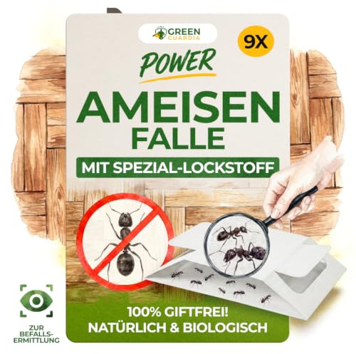 GREEN GUARDIA Ameisen Falle mit Spezial-Lockstoff - 9X Ameisen Fallen - umweltfreundlich Ameisen bekämpfen, Chemiefreie Falle mit starker Klebefläche, giftfrei & geruchsneutral