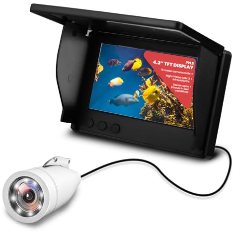 Pyle Digital Marine Camera & Monitor System – IP68 Waterproof Fish Finder with 12 Infrared LEDs, 4.3 TFT LCD, Removable Sun-Visor, Up to 8 Hours Working Time, Ideal for Ice, Lake & Ocean Fishing, Blk
