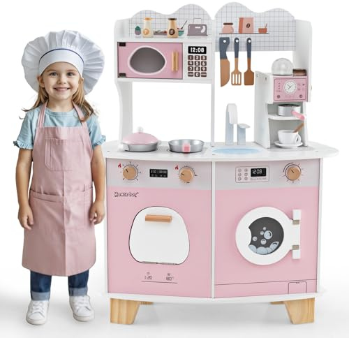 GOPLUS Cuisine Enfant en Bois avec Sonore, Jouet de Cuisine Rose avec Moulin à Café, Machine à Laver, Accessoires Mignons, pour Garçons Filles 3+ Ans, 70x30x88cm