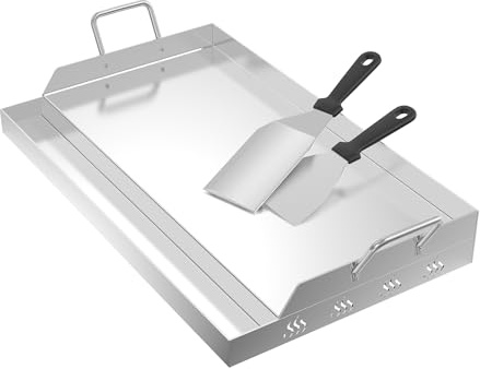 HENGMEI Grillplatte mit Griffe Edelstahl BBQ Universal Plancha für Kohle- und Gasgrills Grill Platte für Gleichmäßige Hitzeverteilung Grillschale mit Inbegriffen Grillspachtel (51x32cm)