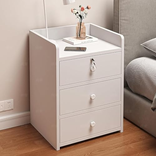 Moderner Nachttisch mit drei Schubladen und Schloss, stilvoller mehrfarbiger Spind, perfekt für Schlafzimmer, Mietzimmer und verschiedene Räume, warmweißes Finish