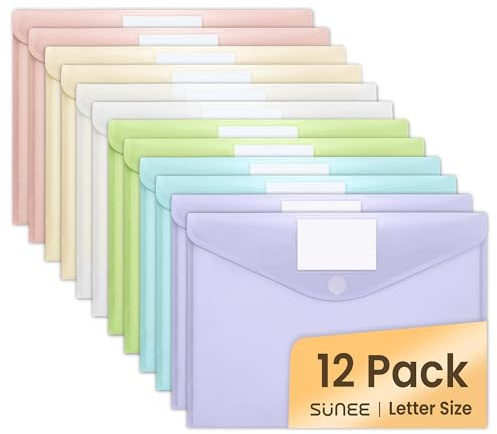 SUNEE 12 Pack Plastic Envelopes, Folders for Document for A4 Letter Size, Poly File Folders with Label Pockets for School Home Office Organizer Work Supplies, 6 Colors