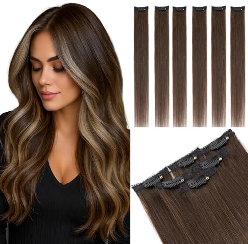 MY-LADY Clip in Extensions Echthaar 6 Stück, 35cm Haarverlängerung Natürlich, Single Clip Hair Extension Highlights für Frauen Damen Glatt Dunkel Braun(#02, 36g)