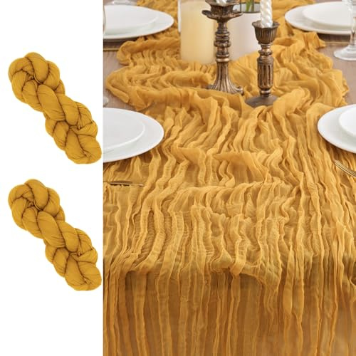 LUKDUNG 2 Stück Tischläufer, Seihtuch Tischläufer, Boho Gaze Stoff Käsetuch, Rustikaler Tischdecke für Hochzeitsdeko Tischdeko, 90 x 300 cm (Ingwer-Gelb, 90 x 300 cm, 2 Stück)