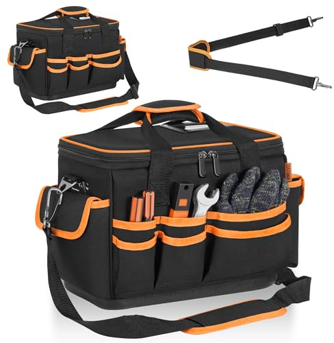 FREEAMG 30x25x19CM Sac à Outils avec 20 Poches et Grande Capacité, Sac de Rangement pour Outils avec Bretelles réglables, Double Fermeture Éclair, Base Rigide Imperméable