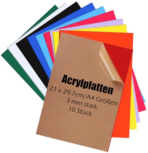 Wonninek Placa de plástico acrílico A4, placas de fundición de 3 mm, placas de corte por láser | 29,7 x 21 cm, 10 unidades, papel de protección, opaco, fácil corte