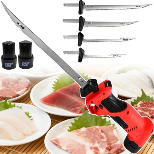 smafoseedding Cuchillo Eléctrico Multiusos para Filetear/Deshuesar Carne | Sierra De Filetear Pescado Inalámbrica 4 En 1 con Movimiento Alternativo para Filetear, Descamar Y Deshuesar, 4 Hojas