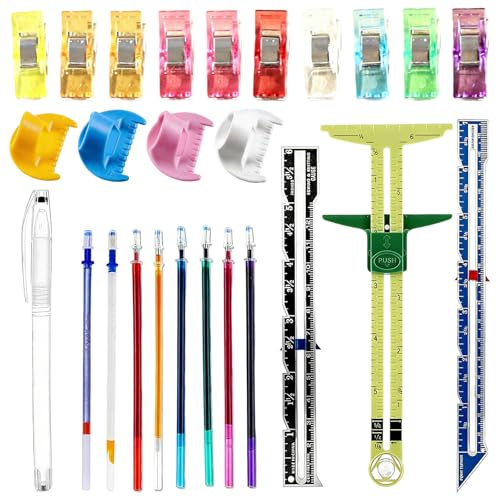 3pcs Sewing Gauge Measuring Tool,with 4 pcs Edge Stitch Lock and Sewing Gauge,10 manual fixing positioning clips,8 water-soluble pen refills,for DIY Fabric Crafts Quilting Knitting Hemming Supplies