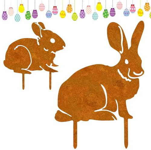 Osterdeko für Draußen, 2 Stück Ostern Deko Gartenstecker Rost Deko Hase, Retro Gartendeko Rost Metall Osterhasen, Frühlings Wetterfest, für Rasenflächen Blumentöpfe Terrassen und Andere außenbereiche