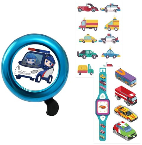 GWEOR Cartoon Polizeiauto Fahrradklingel für Kinder, Lustige Klingel mit 2 coolen Polizeiauto Stickern, Lauter Klang für Fahrrad, Roller, Dreirad & Laufrad