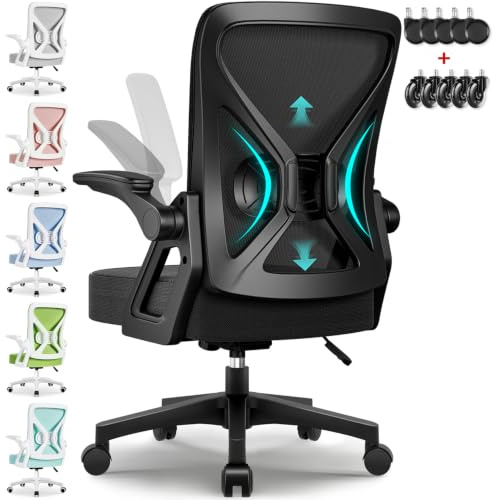Airchros Bürostuhl Ergonomisch,Schreibtischstuhl mit Hochklappbaren Armlehnen, Einstellbarer Lendenstütze, Wippfunktion bis 125°, Höhenverstellbar, Netzstuhl, Schwarz