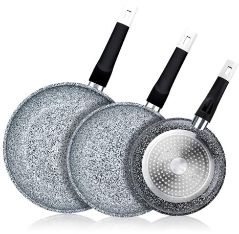 EliteHoff Pfannenset Induktion 3-teilig (20/24/26 cm), Induktionspfannen-Set, Aluminiumguss mit Antihaftbeschichtung und Silikongriff, Bratpfannenset für alle Herdarten, Grau