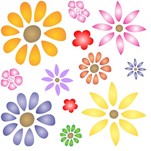 Stencil riutilizzabile, modello “Flower Power”, con forme di fiori di margherita, per uso su carta, muro, pavimenti, tessuto, mobili, vetro, legno, ecc. L