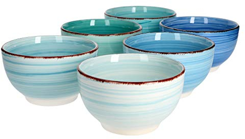 MamboCat Ensemble de bols de service 6 pièces Bols ronds bleus pour salade de fruits, muesli et soupe Bols de snack 650 ml plats en faïence gastronomie