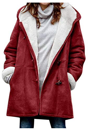Lazzboy Mantel Frauen Winter Plus Size Solid Samt Langarm Horn Schnalle Tasche Damen Herbst Bequem Jacke Coat Jacket Medium Long Große(Rot,M)