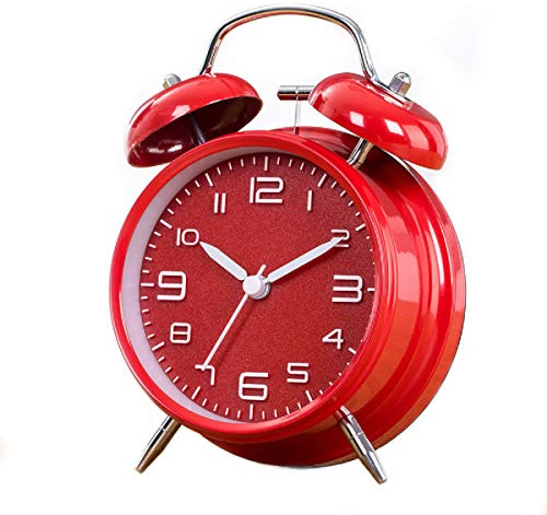 Cotchear - Sveglia a doppia campana, extra forte, con suoneria meccanica, guscio satinato, retroilluminazione, senza rumore, per casa, ufficio, colore: rosso