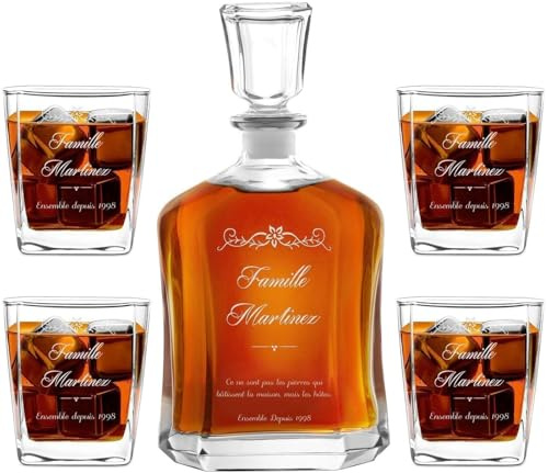 Maverton Ensemble de Carafes Personnalisés a Whisky Rhum Cognac Avec 4/6 | Verres a Whisky Gravés pour couple, 700 ml Service Universel Verre Whisky et Carafe, Famille