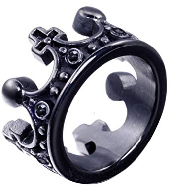 OAKKY Retro Reale Re Corona Cavaliere Anello Uomo Acciaio Inossidabile Croce e Corona Biker Punk Band, Nero con Nero Pietra Preziosa Taglia 29