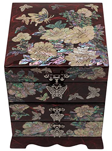 February Mountain Boîte de rangement pour bijoux en nacre avec 2 tiroirs et couvercles miroir – Présentoir parfait pour boucles d'oreilles, colliers, bagues, bracelets – Cadeau surprise pour femme
