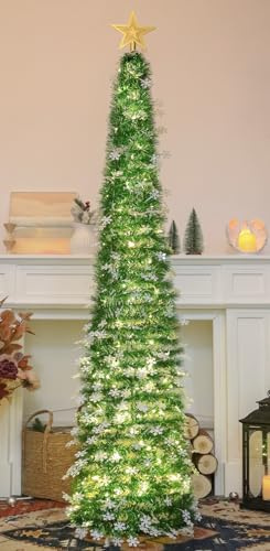 HMASYO Árbol de Navidad desplegable de 5 pies con luces de temporizador, árbol de Navidad de oropel verde con adornos de copo de nieve, árbol de lápiz artificial plegable, decoración de Navidad para
