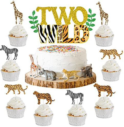 Sursurprise Zwei wilde Kuchen Topper Dschungeltiere Cupcake Toppers, Safari Tier Zweiter Geburtstag Dekorationen Zoo Themen 2 Geburtstag Party Kuchen liefert