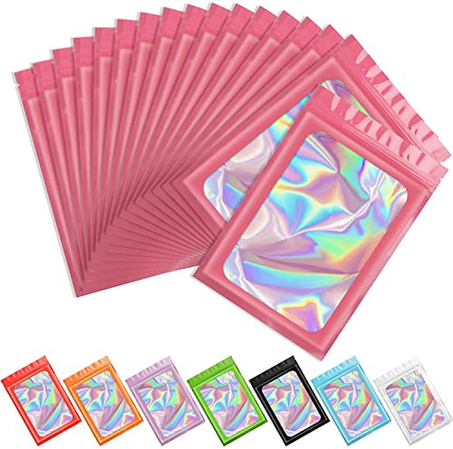 ARTCUT 100 Pcs Holographic Bags Pink Mylar Bags Smell Proof Bag(3 * 4.7) | Smell Proof Bags, Cute Small Plastic Bag, Small Resealable Holographic Pouches for Gifts, Jewellery and General Packaging