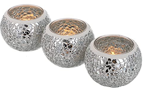 SUMTree Kerzenhalter aus Glas, Mosaik, 3 Stück, silberfarben | Teelichthalter, Votivkerzenhalter, Tischdekoration, für Hochzeit und Innendekoration