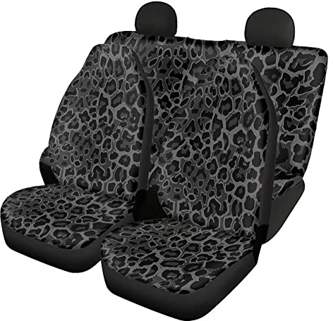 HUGS IDEA Autositzbezüge, klassisch, schwarz, Leopardenmuster, komplettes Set, Polyester, dehnbar, hohe Rückenlehne, wildes Geparden-Design, 4 Stück