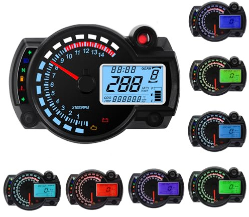 Geloo Universell hastighetsmätare för motorcykel 7 färger, 14000 varv/min RX2N digital LCD-skärm stegräknare hastighetsmätare justerbar instrument, mätare, varvräknare med hastighetssensor 0–299